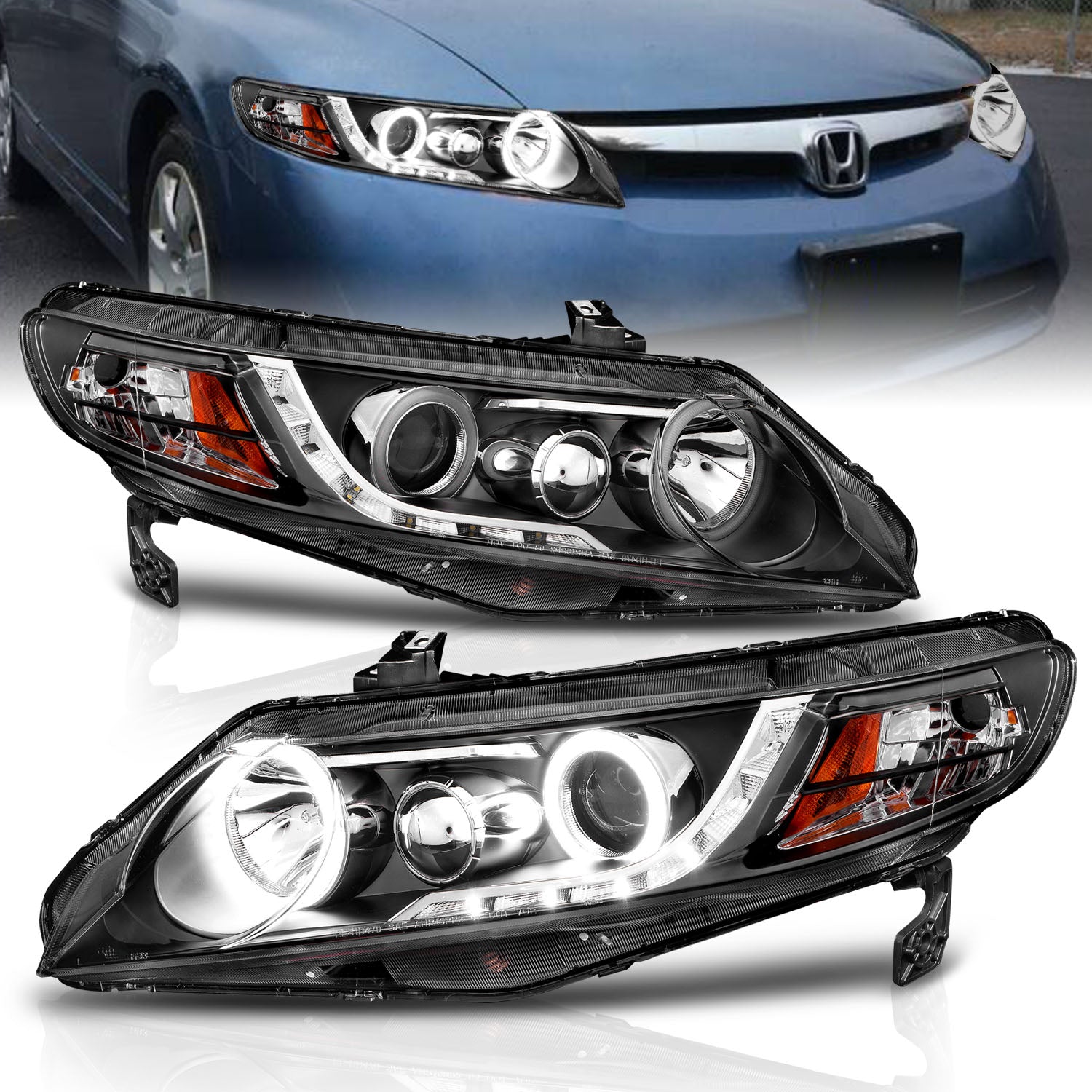 HONDA CIVIC 06-11 4DR/HYBRID PROJECTOR HEADLIGHTS HALO BLACK CLEAR AMBER (RX HALO)