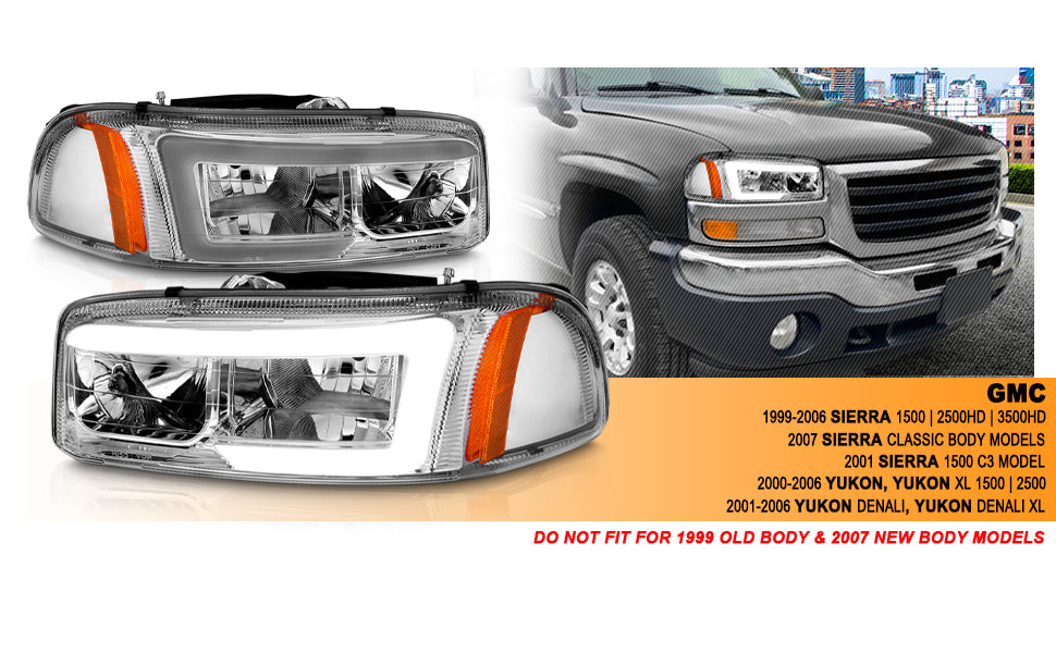 GMC SIERRA/SIERRA DENALI 99-07/SIERRA CLASSIC 2007/ YUKON/YUKON XL/YUKON DENALI 00-06 HEADLIGHTS  CHROME AMBER  (W/ C LIGHT BAR)