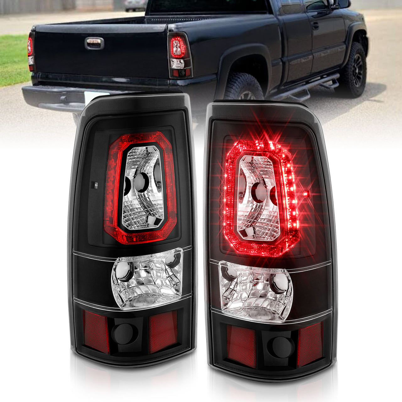 CHEVY SILVERADO 03-07 (1500/2500 SERIES 2003 & 1500/2500/3500 SRW SERIES 04-07) LED TAIL LIGHTS RED COLOR LIGHT BAR BLACK HOUSING CLEAR LENS (3 HOLE)