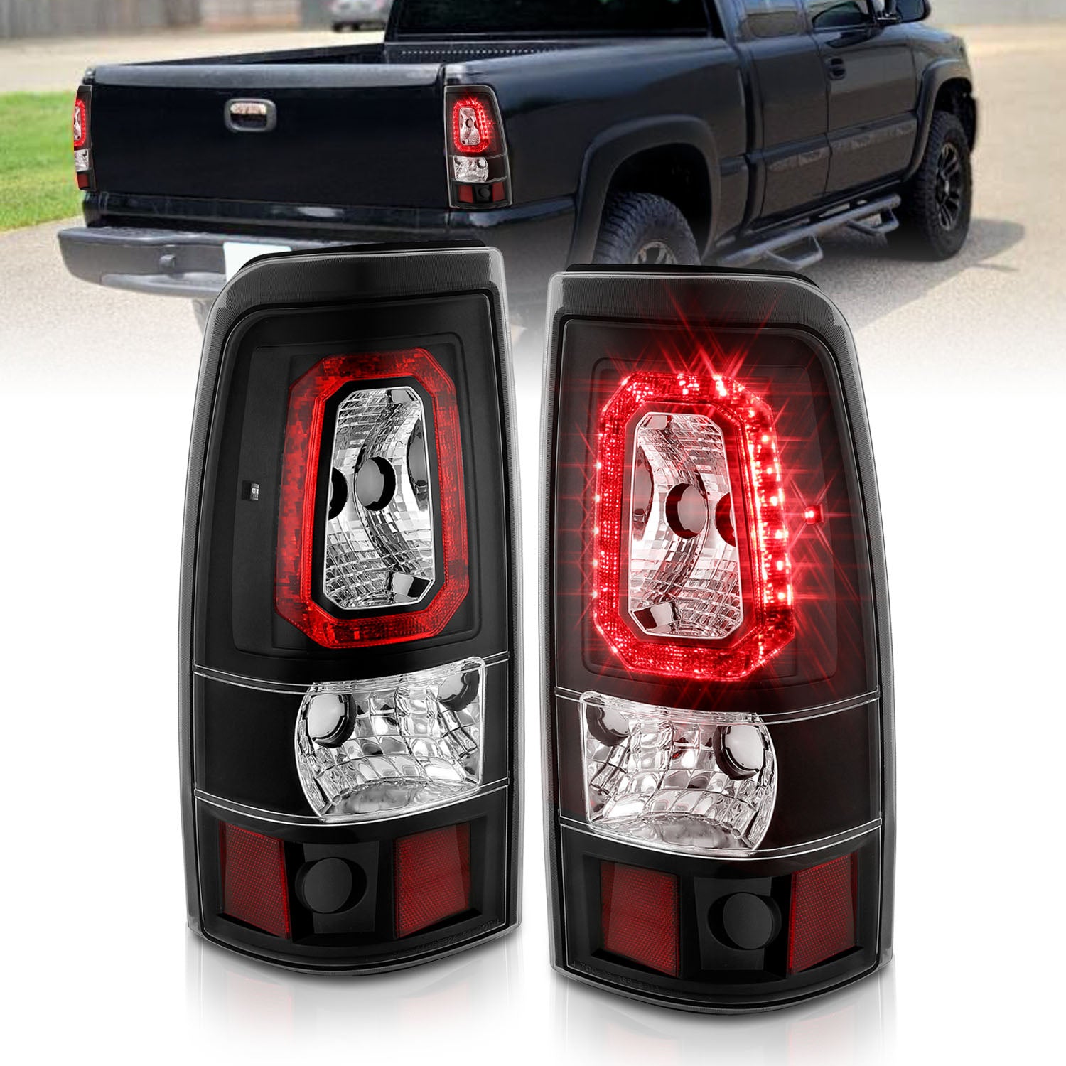 CHEVY SILVERADO 03-07 (1500/2500 SERIES 2003 & 1500/2500/3500 SRW SERIES 04-07) LED TAIL LIGHTS RED COLOR LIGHT BAR BLACK HOUSING CLEAR LENS (3 HOLE)