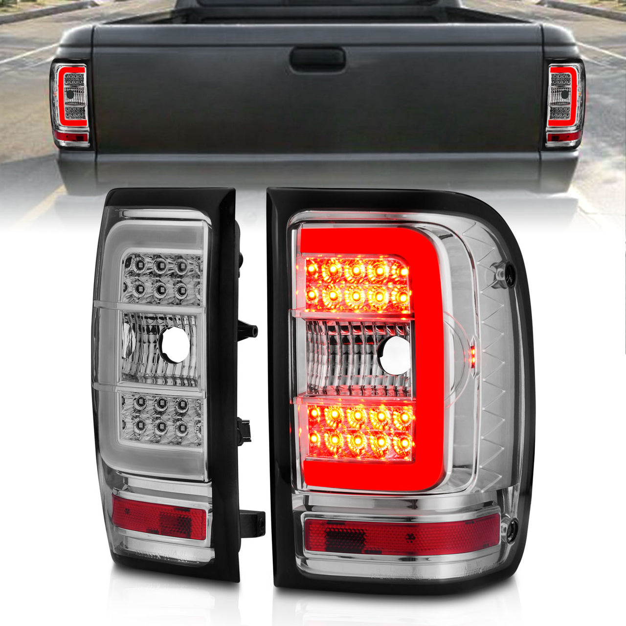 FORD RANGER 01-11 TAIL LIGHTS CHROME HOUSING CLEAR LENS W/C LIGHT BAR