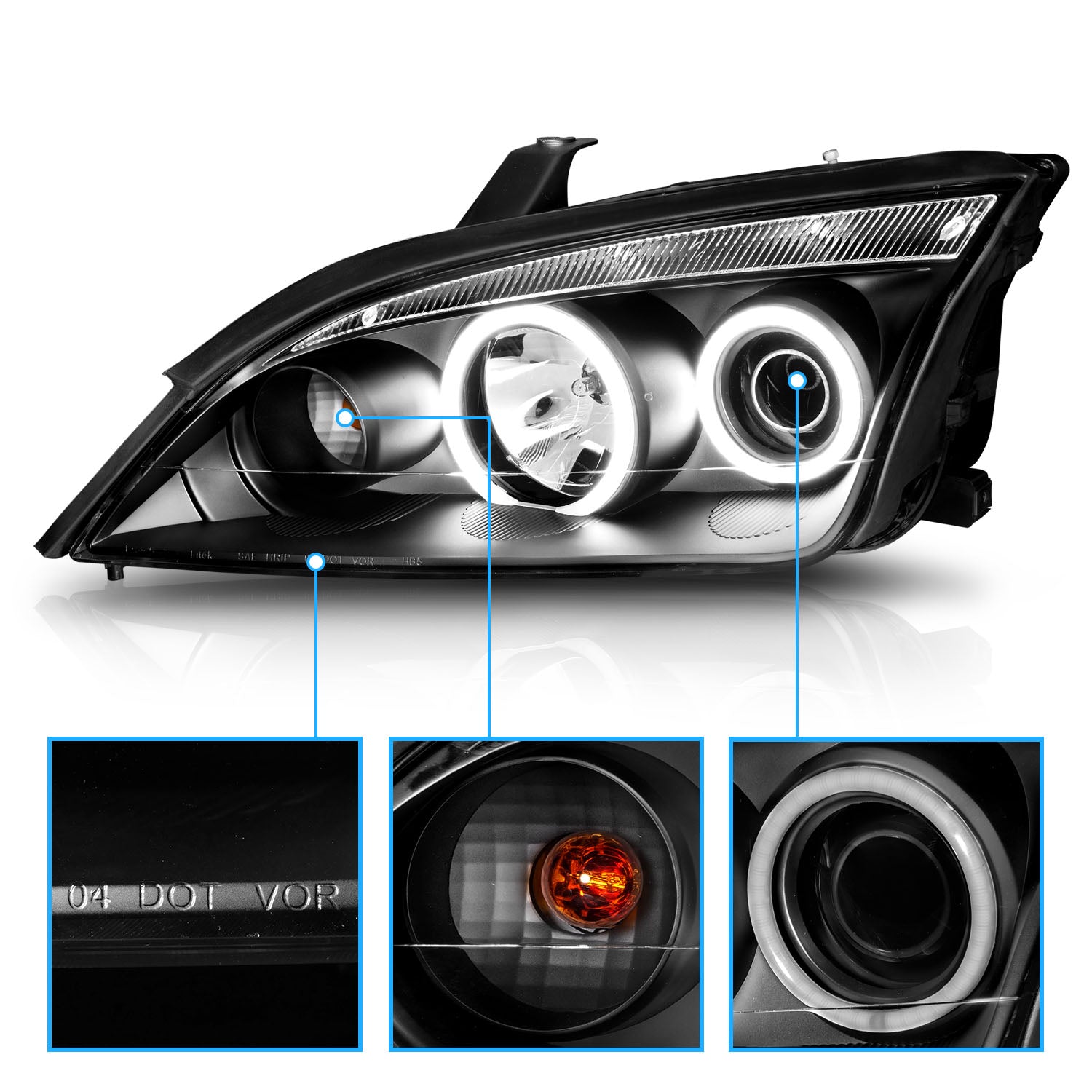 FORD FOCUS ZX4 05-07 PROJECTOR HEADLIGHTS 4DR HALO BLACK CLEAR (RX HALO)