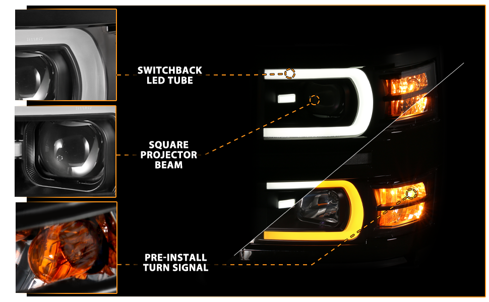 CHEVY SILVERADO 14-15 PROJECTOR SWITCHBACK HEADLIGHTS BLACK AMBER