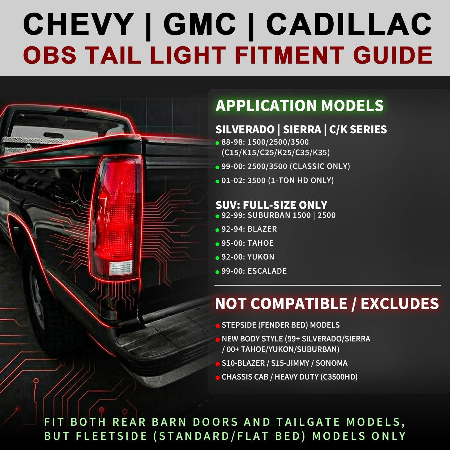 Chevy/GMC C/K 1500/2500/3500 88-99, SUBURBAN/YUKON 92-00, TAHOE 94-00, BLAZER 92-94, CADILLAC ESCALADE 99-00 LED C-BAR TAIL LIGHTS CHROME HOUSING RED/CLEAR LENS W/ C LIGHT BAR