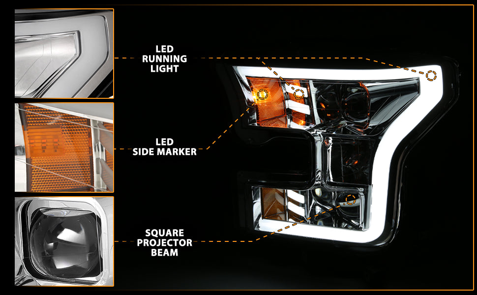 FORD F-150 15-17 PROJECTOR LIGHT BAR STYLE HEADLIGHTS G3 CHROME AMBER