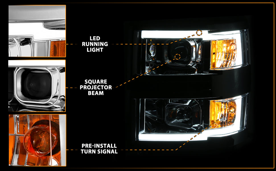 CHEVY SILVERADO 14 PROJECTOR LIGHT BAR STYLE HEADLIGHTS CHROME AMBER
