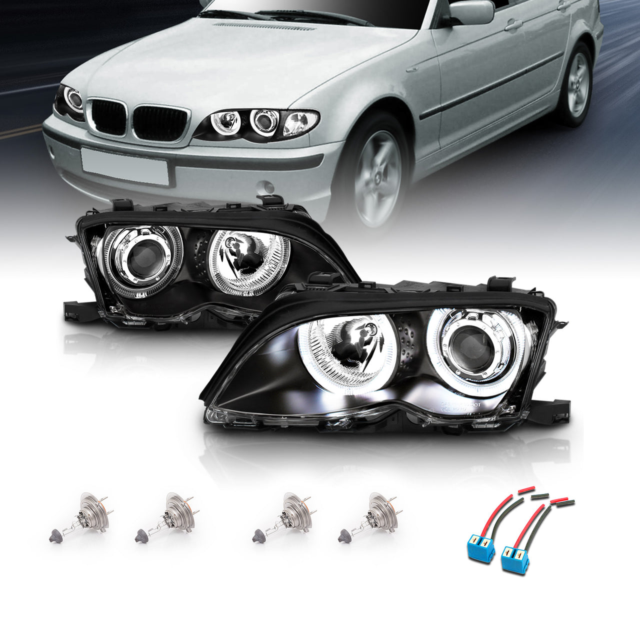 BMW 3 SERIES E46 02-05 4DR PROJECTOR HEADLIGHTS HALO BLACK CLEAR