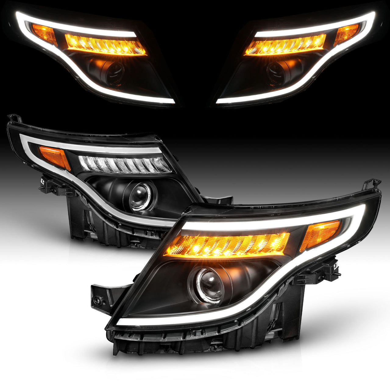 FORD EXPLORER 11-15 (13-15 BASE, XLT, LIMITED) PROJECTOR LIGHT BAR STYLE HEADLIGHTS BLACK AMBER