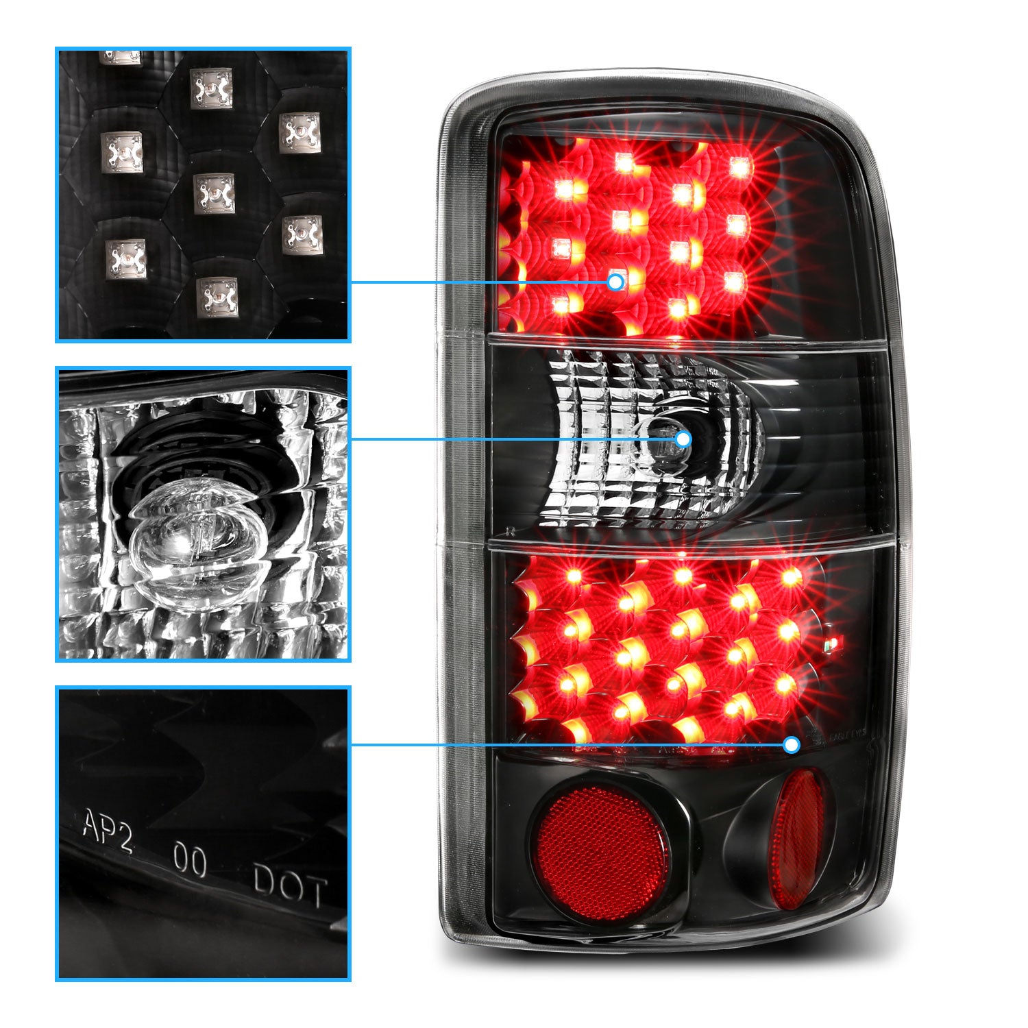 CHEVY TAHOE/SUBURBAN/GMC DENALI 00-06 LED TAIL LIGHTS  CLEAR LENS BLACK HOUSING BLACK LED REFLECTOR