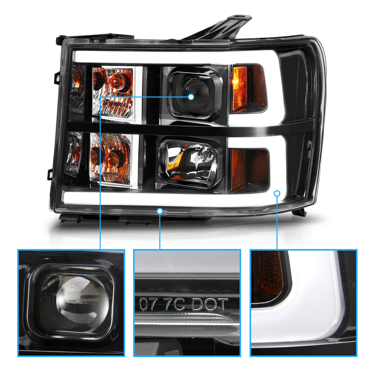 GMC SIERRA 07-10/1500 HYBRID 09-10 PROJECTOR LIGHT BAR STYLE HEADLIGHTS BLACK CLEAR AMBER