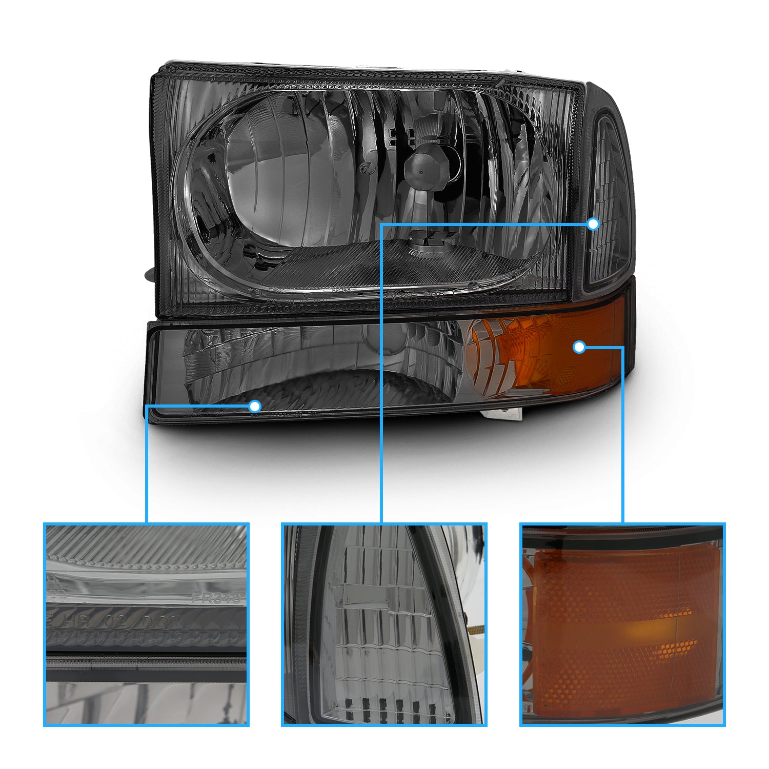 FORD EXCURSION 00-04/SUPER DUTY 99-04 HEADLIGHTS W/ CORNER LGHTS SMOKE AMBER