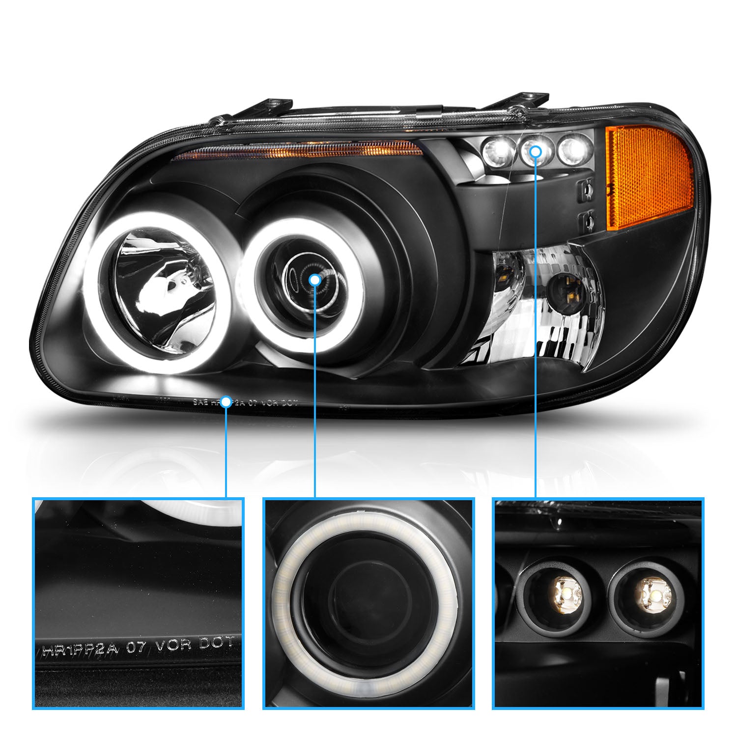 FORD EXPLORER 95-01 PROJECTOR HEADLIGHTS 1PC BLACK CLEAR AMBER (RX HALO)
