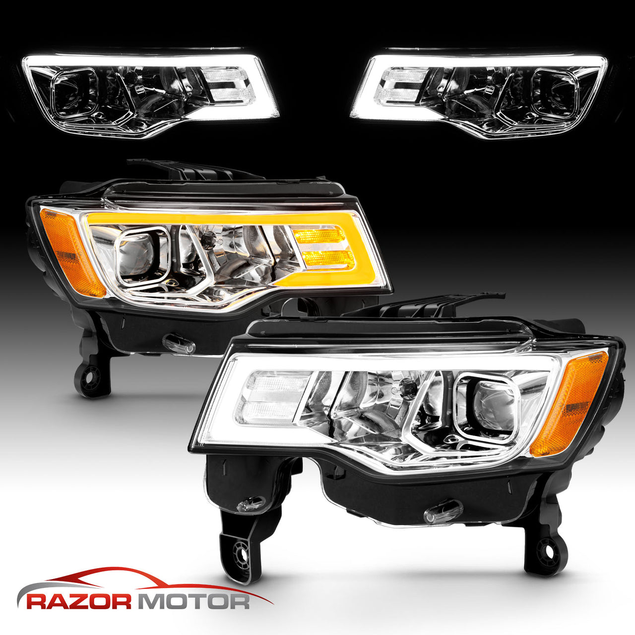 JEEP GRAND CHEROKEE 17-18 HEADLIGHTS PROJECTOR LIGHT BAR STYLE SWITCHBACK HEADLIGHTS CHROME AMBER