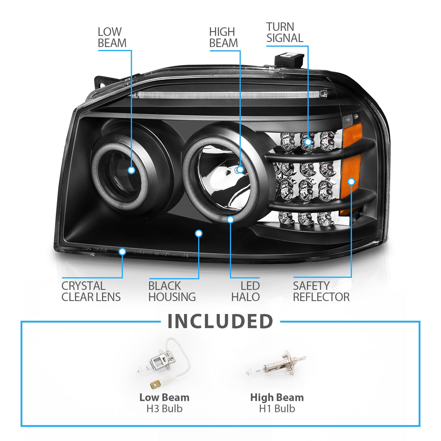 NISSAN FRONTIER 01-04 PROJECTOR HEADLIGHTS W/ LED BAR BLACK CLEAR AMBER (RX HALO)