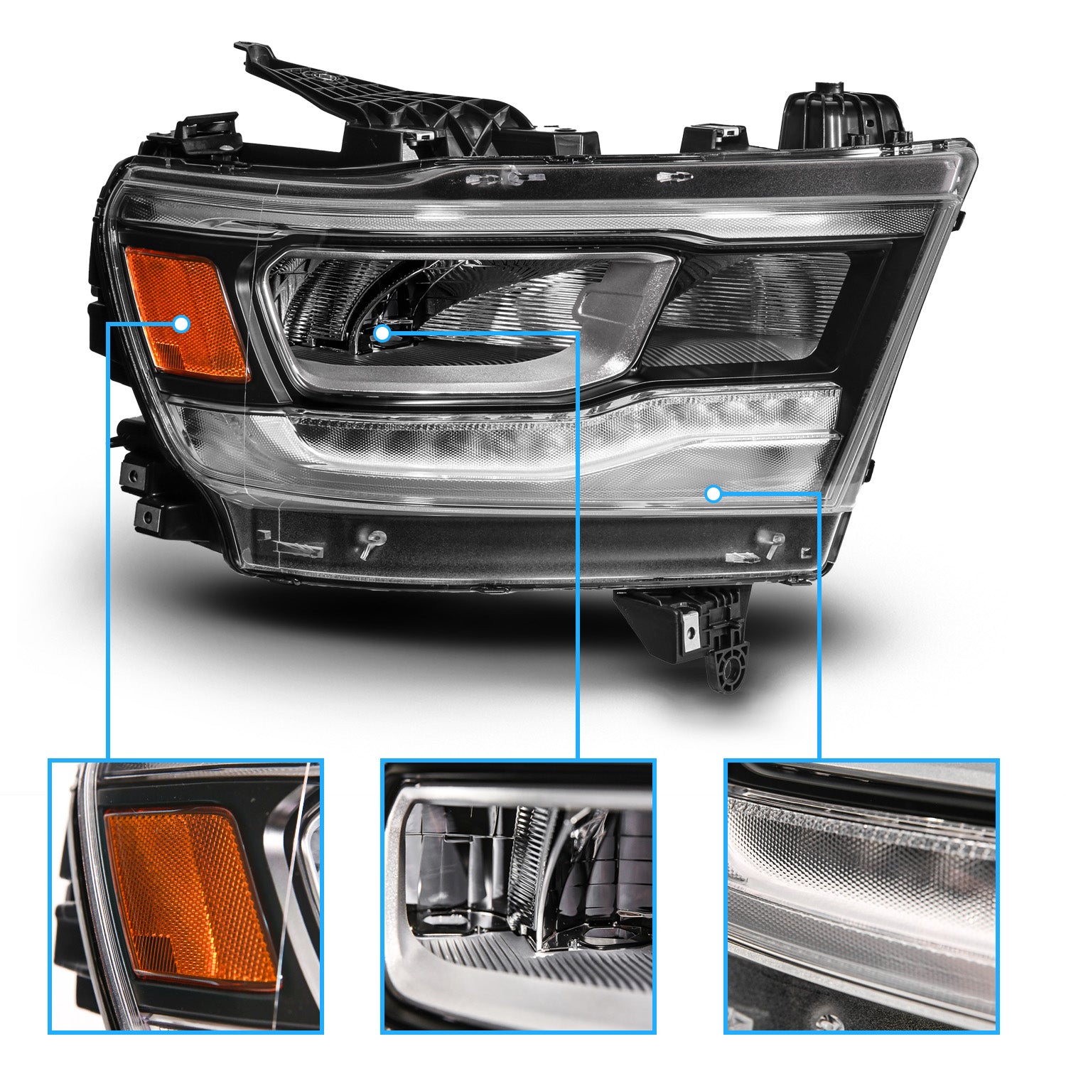 DODGE RAM 1500 (NEW BODY) (FACTORY HALOGEN MODEL) 19-UP  FULL LED HEADLIGHTS BLACK LIGHT BAR W/DRL (RIGHT SIDE)