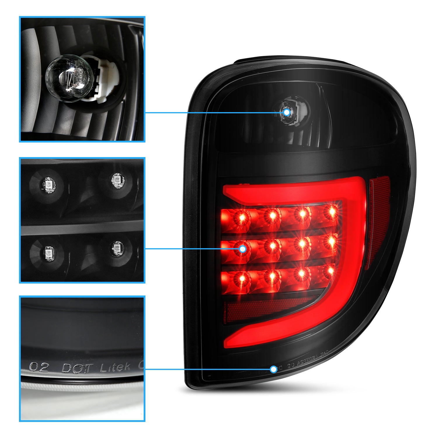 DODGE GRAND CARAVAN; CRYSLER TOWN&COUNTRY 04-07 L.E.D T.L BLACK HOUSING SMOKE LENS W/ C LIGHT BAR