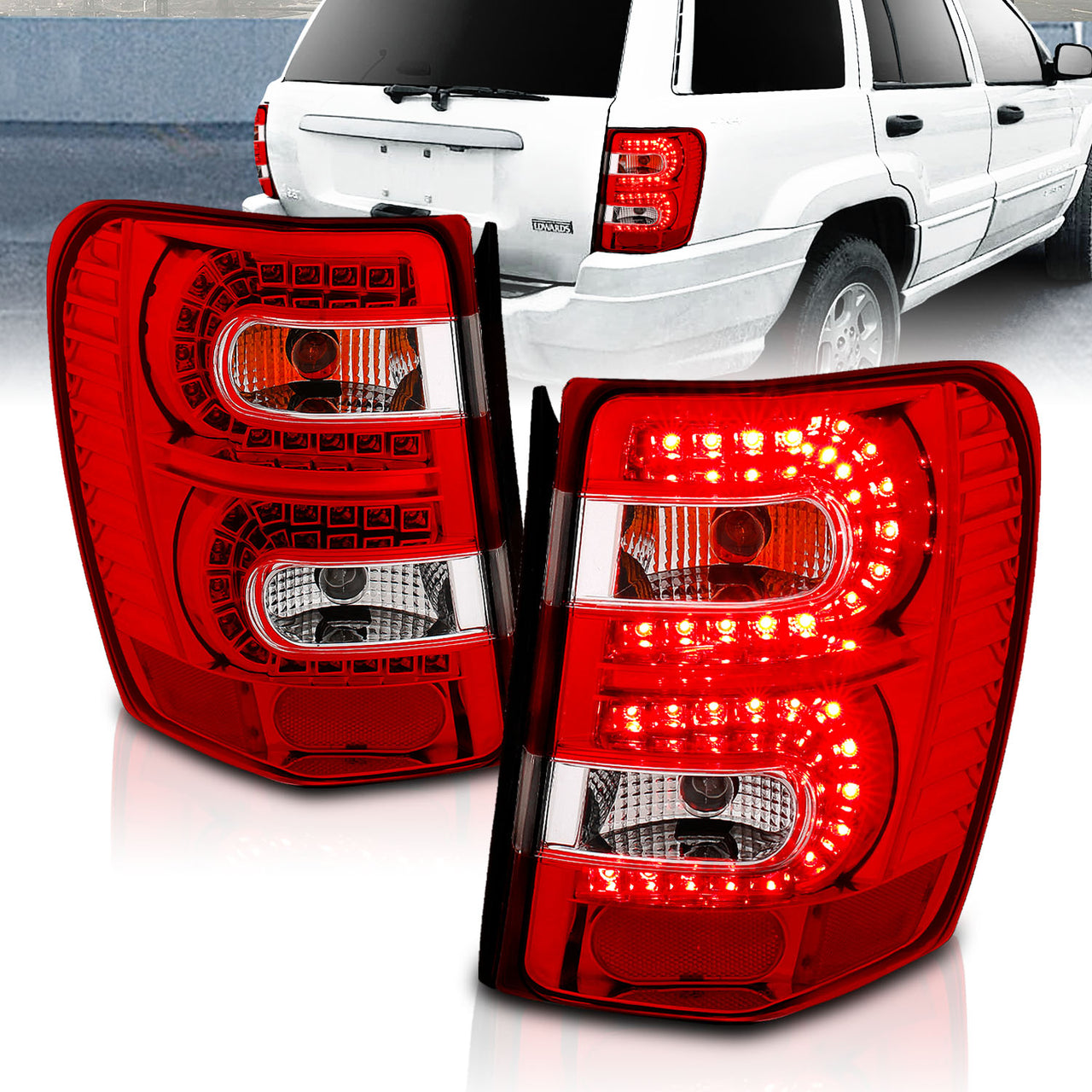 JEEP GRAND CHEROKEE 99-04 LED TAIL LIGHTS RED/CLEAR