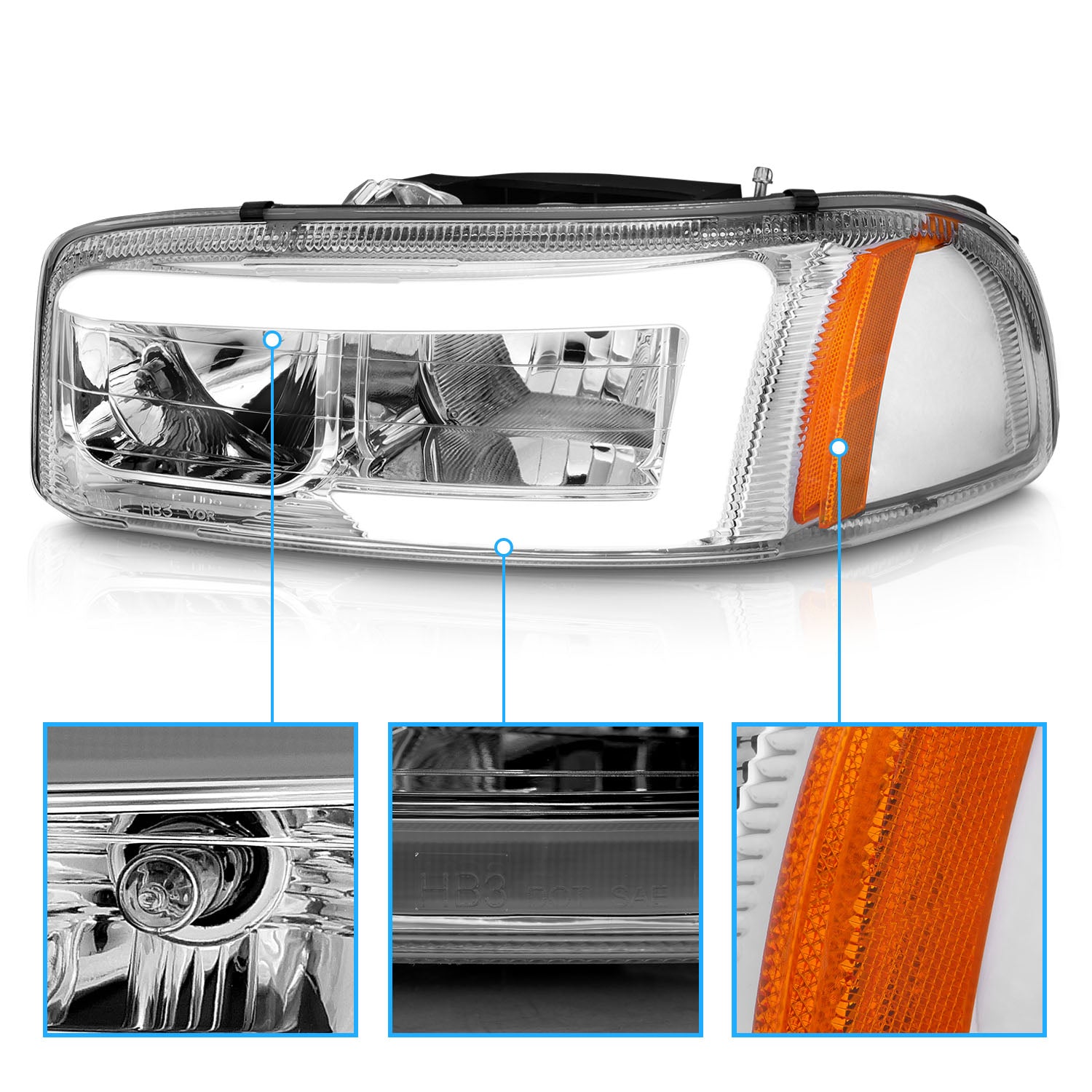 GMC SIERRA/SIERRA DENALI 99-07/SIERRA CLASSIC 2007/ YUKON/YUKON XL/YUKON DENALI 00-06 HEADLIGHTS  CHROME AMBER  (W/ C LIGHT BAR)