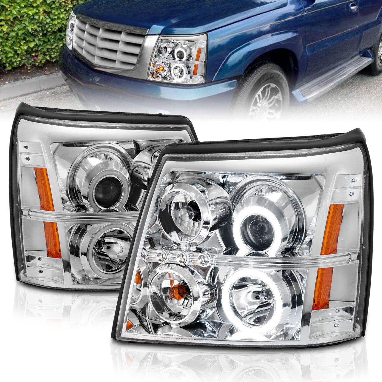 CADILLAC ESCALADE 03-06/ESCALADE ESV 03-06 PROJECTOR HEADLIGHTS HALO CHROME CLEAR AMBER (OEM HID COMPATIBLE) (RX HALO)