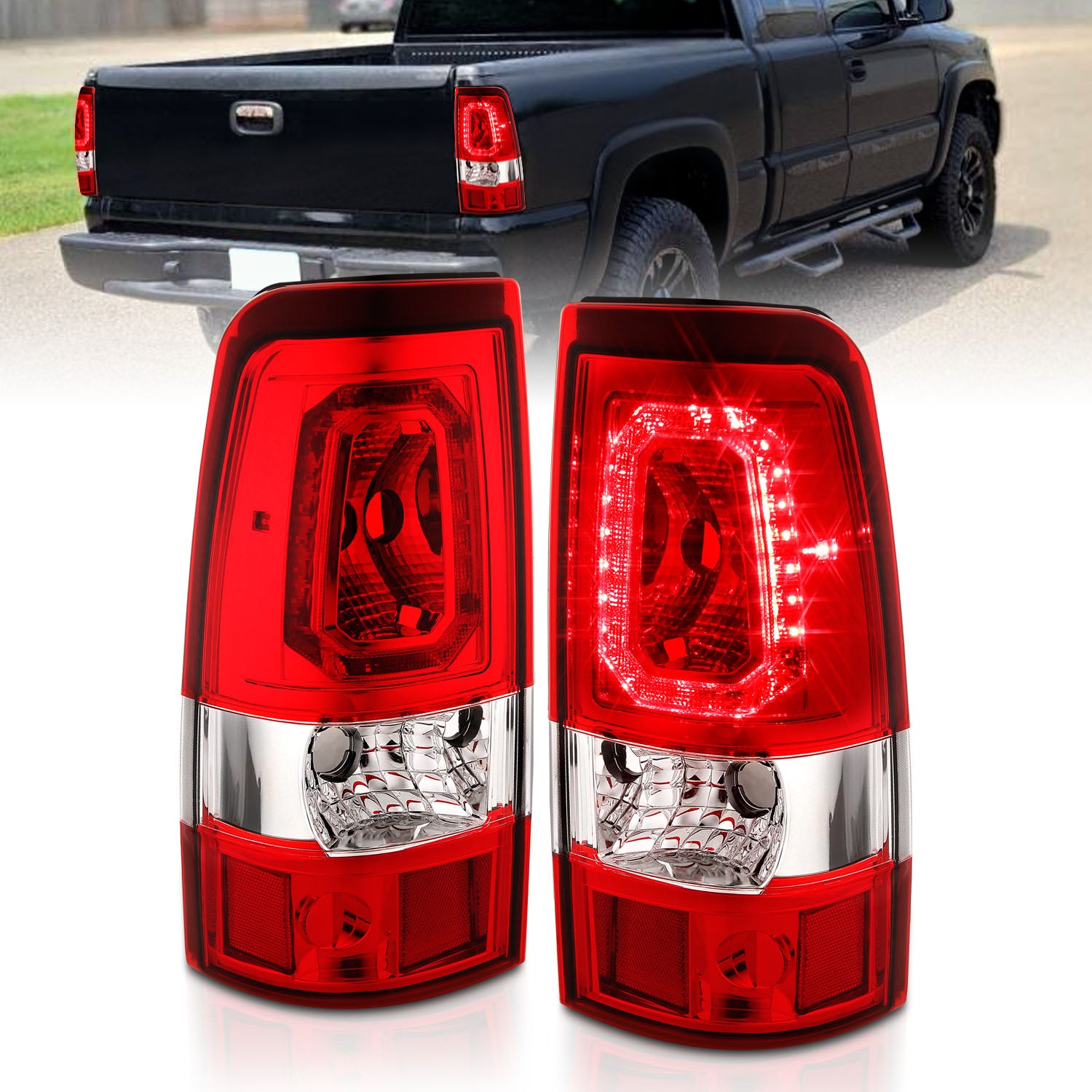 GMC SIERRA 99-07/CHEVY SILVERADO 99-03 (1500/2500 SERIES 99-02 & 3500 SERIES 2003) LED TAIL LIGHTS RED COLOR LIGHT BAR RED LENS (3 HOLE)