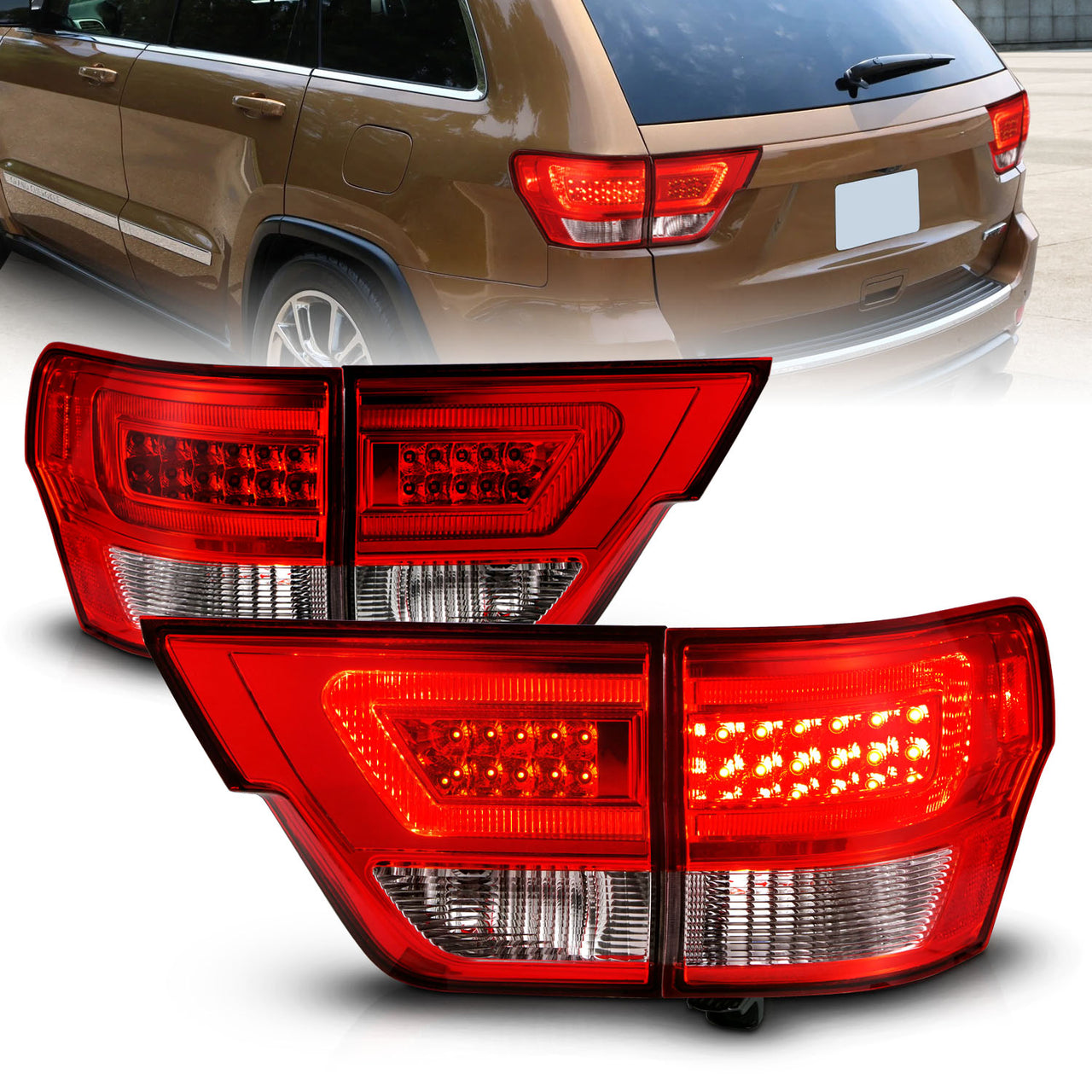 JEEP GRAND CHEROKEE 11-13 LED TAIL LIGHTS 4PCS RED/CLEAR W/ C LIGHT BAR