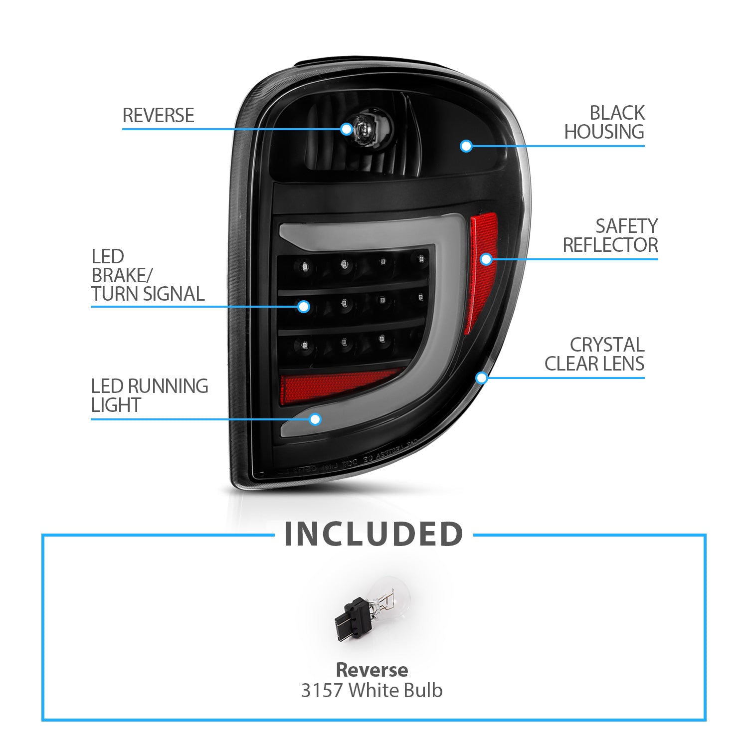 DODGE GRAND CARAVAN; CRYSLER TOWN&COUNTRY 04-07 L.E.D T.L BLACK HOUSING CLEAR LENS W/ C LIGHT BAR