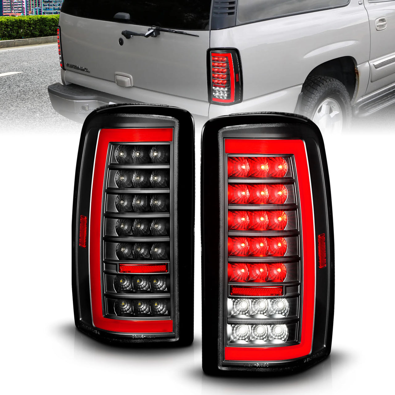 CHEVY TAHOE/SUBURBAN/GMC DENALI 00-06 LED TAIL LIGHTS G4 BLACK HOUSING CLEAR LENS W/C-LIGHT BAR