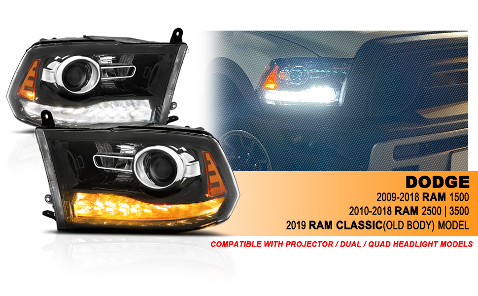DODGE RAM 09-18 PROJECTOR PLANK STYLE SWITCHBACK H.L BLACK AMBER (OE STYLE) (LIGHT BLACK) (ALL MODEL)