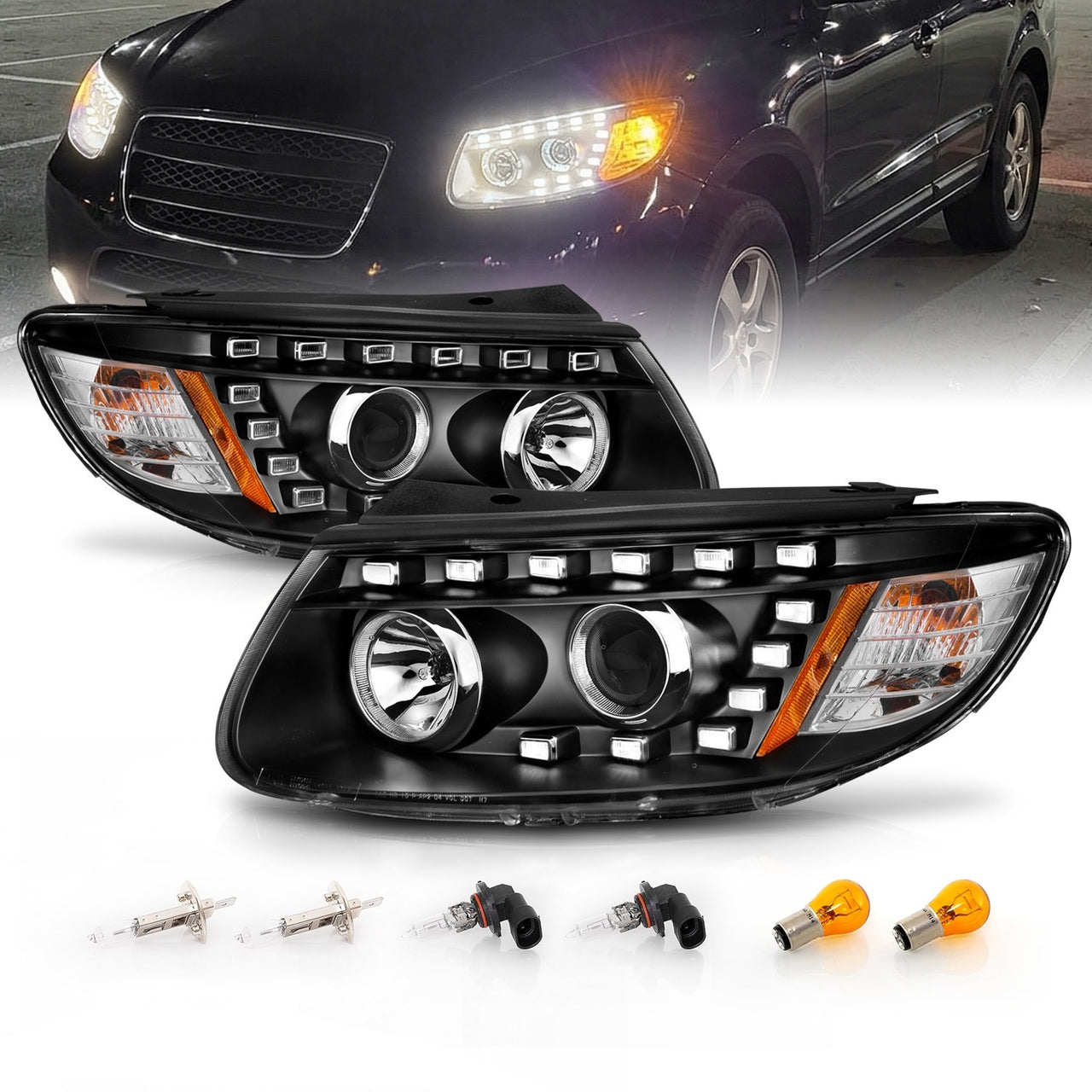 HYUNDAI SANTA FE PROJECTOR HEADLIGHTS BLACK AMBER (ONLY FITS MODELS BEFORE 7/11/2007)