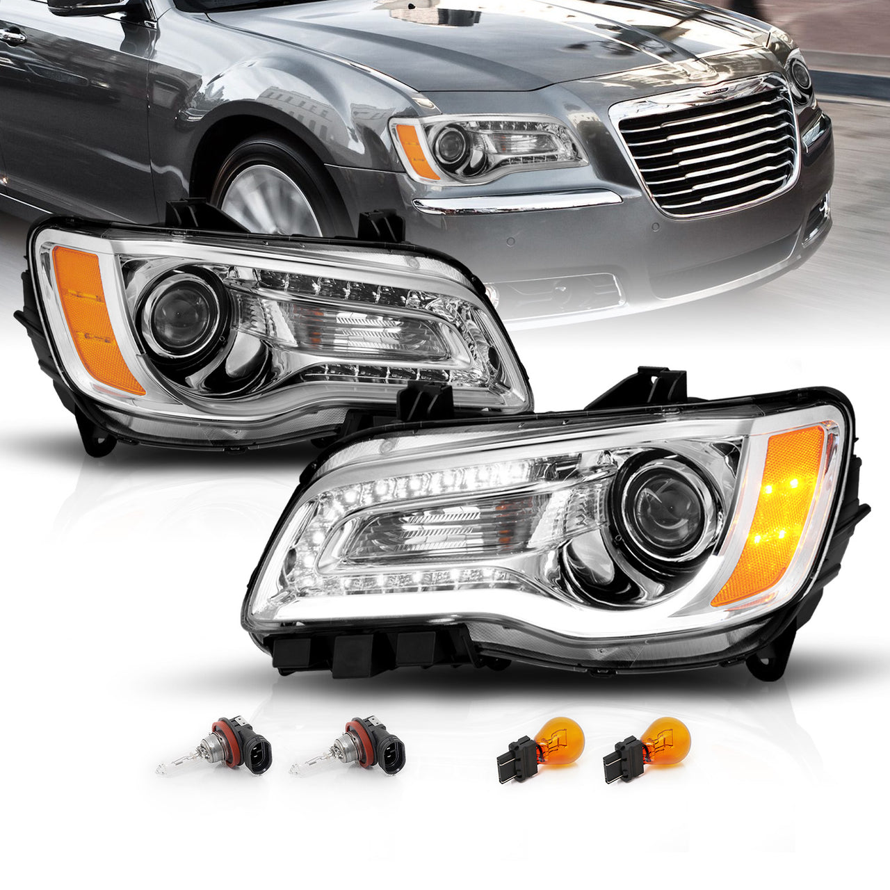 CHRYSLER 300 11-UP PROJECTOR LIGHT BAR STYLE HEADLIGHTS CHROME CLEAR AMBER