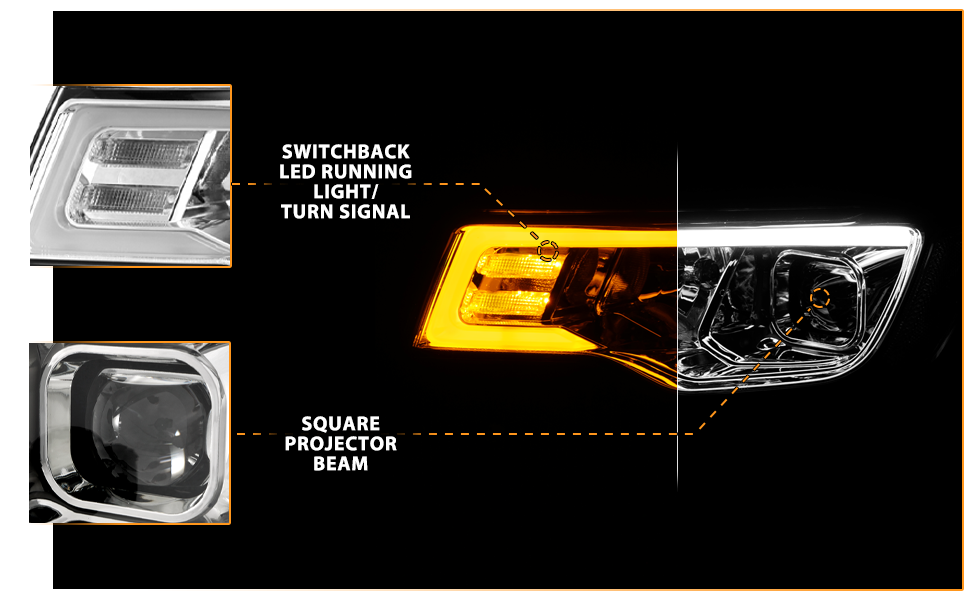 JEEP GRAND CHEROKEE 17-18 HEADLIGHTS PROJECTOR LIGHT BAR STYLE SWITCHBACK HEADLIGHTS CHROME AMBER