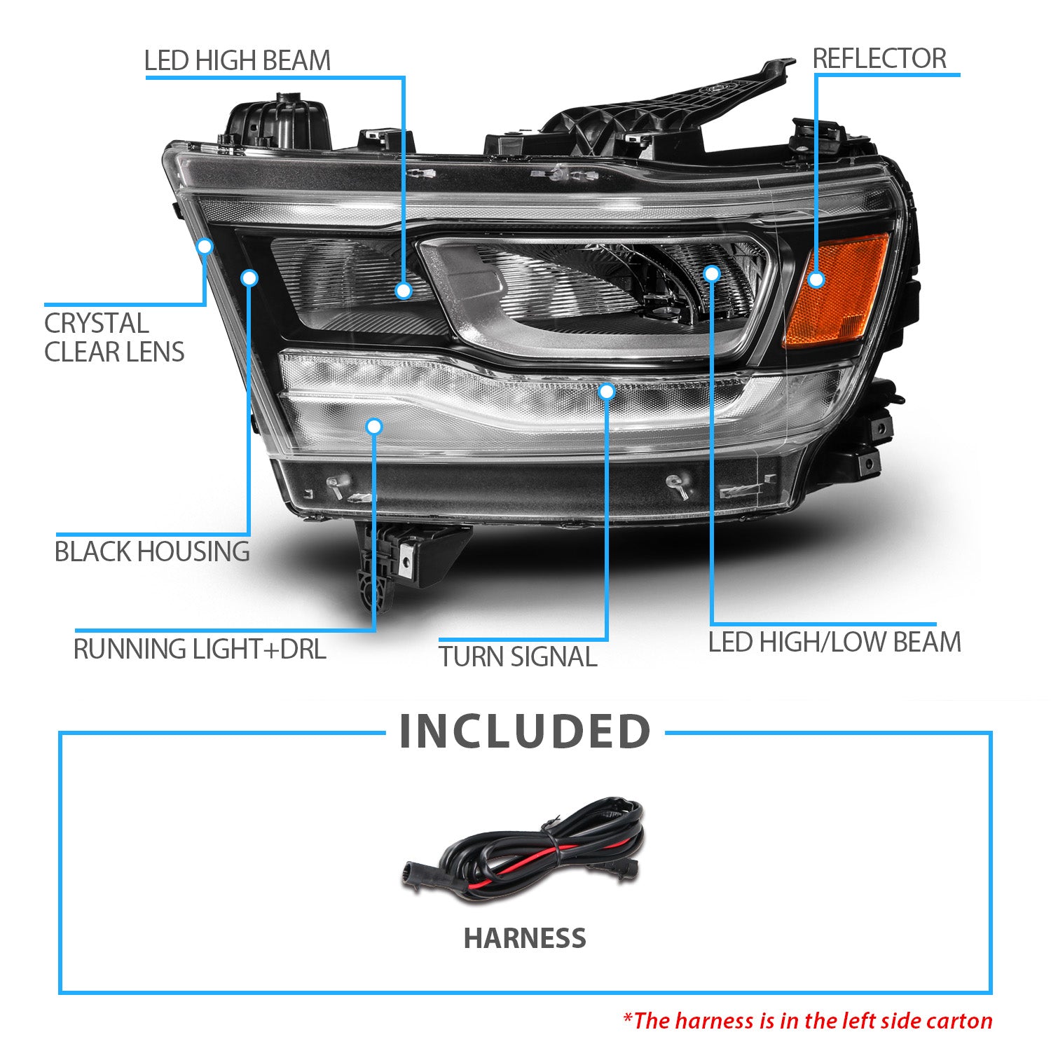 DODGE RAM 1500 (NEW BODY) (FACTORY HALOGEN MODEL) 19-UP  FULL LED HEADLIGHTS BLACK LIGHT BAR W/DRL (LEFT SIDE)