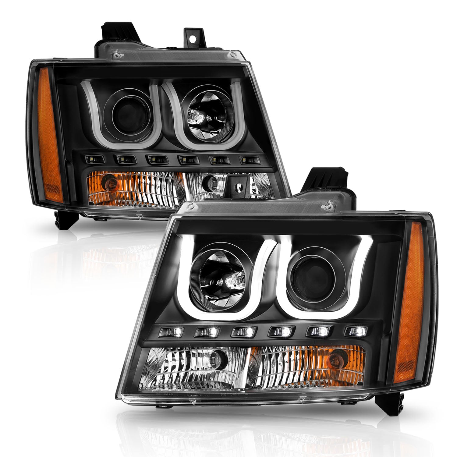 CHEVY TAHOE/SUBURBAN/AVALANCHE 07-13/TAHOE HYBRID 08-13 PROJECTOR U-BAR STYLE HEADLIGHTS BLACK  AMBER