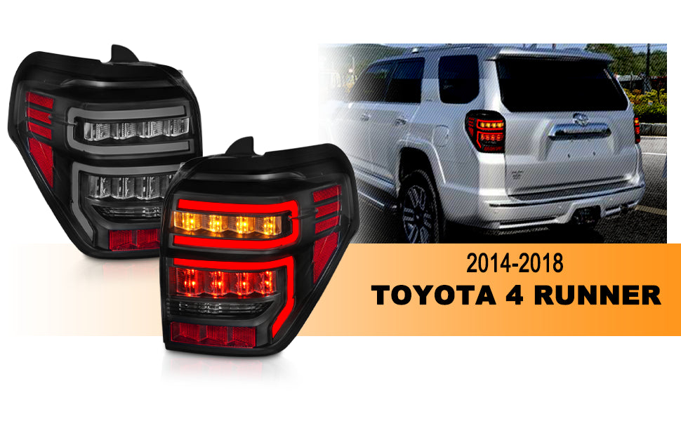 TOYOTA 4 RUNNER 14-23 TAIL LIGHTS BLACK HOUSING CLEAR LENS RED LIGHT BAR