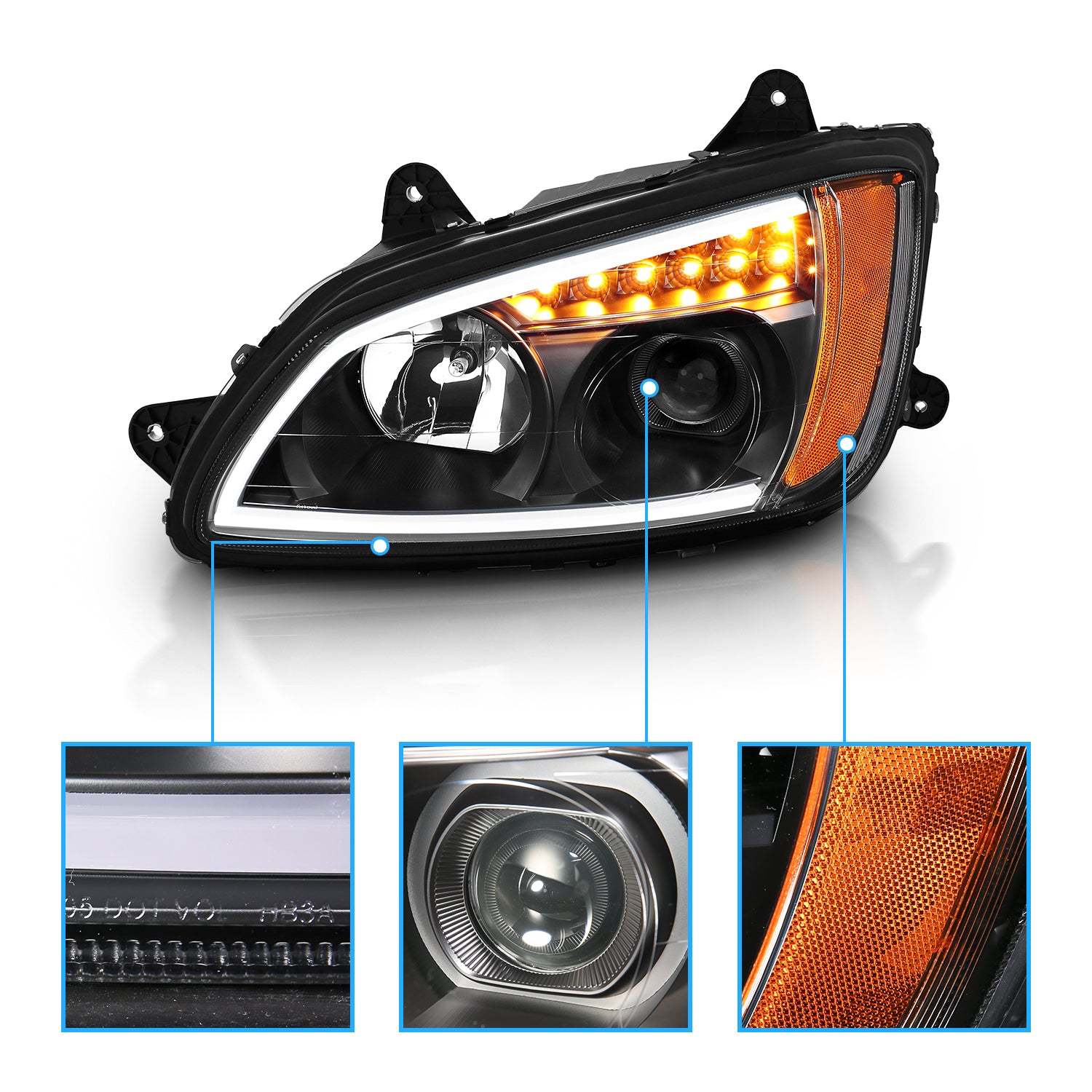 Kenworth T660 08 UP  PROJECTOR PLANK STYLE H.L BLACK AMBER REFLECTOR
