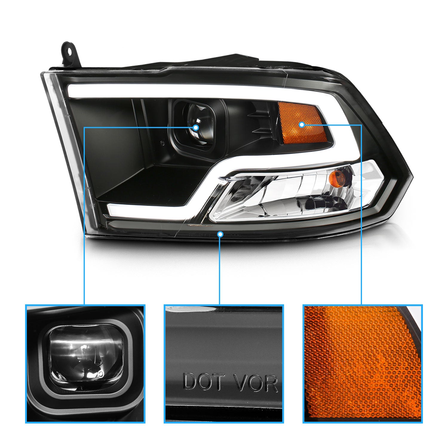 DODGE RAM 09-20 PROJECTOR LIGHT BAR STYLE HEADLIGHTS BLACK CLEAR AMBER (HALOGEN TYPE)