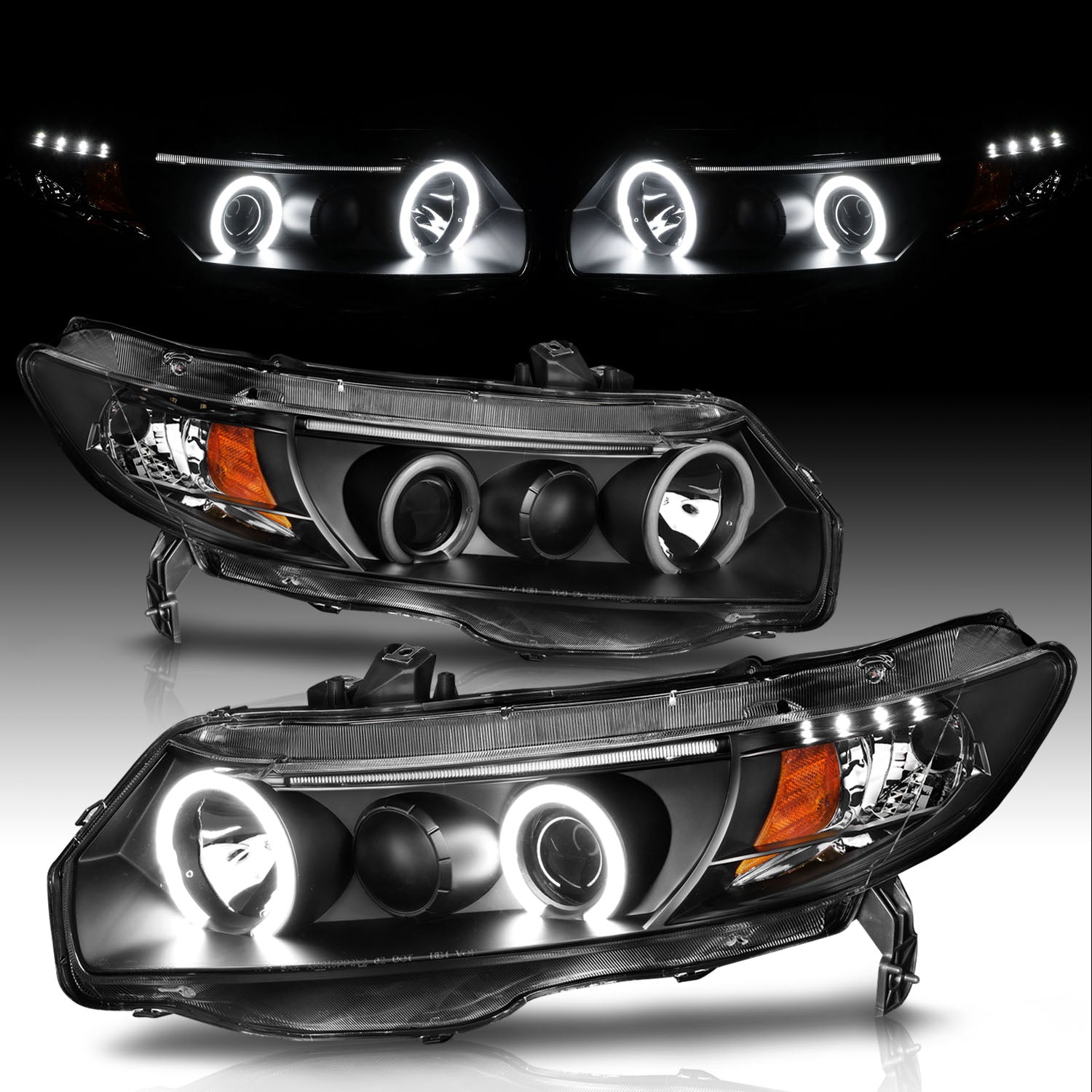 HONDA CIVIC 06-11 2DR PROJECTOR HEADLIGHTS HALO BLACK CLEAR AMBER (RX HALO)