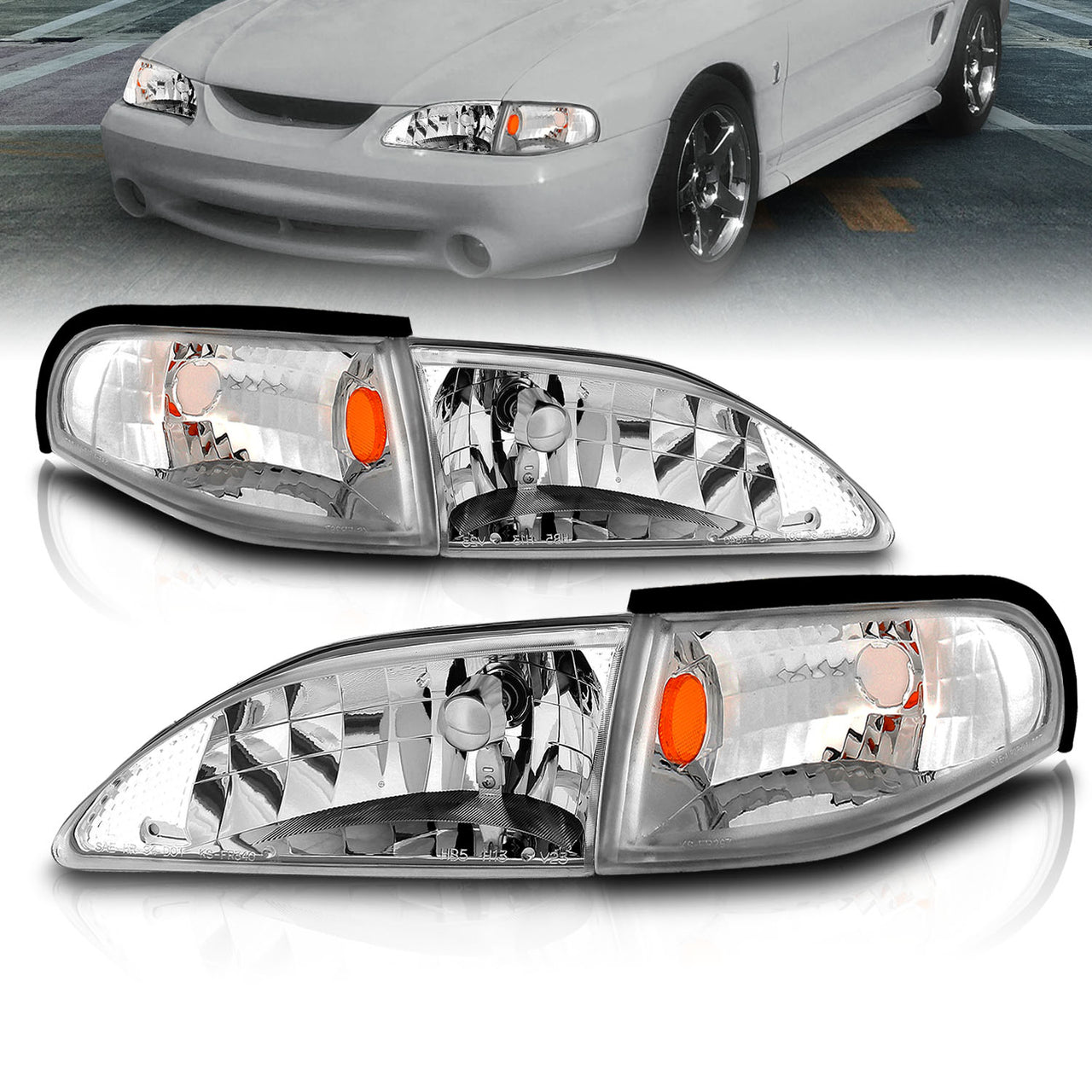 FORD MUSTANG 94-98 CRYSTAL HEADLIGHTS CHROME W/ CORNER AMBER