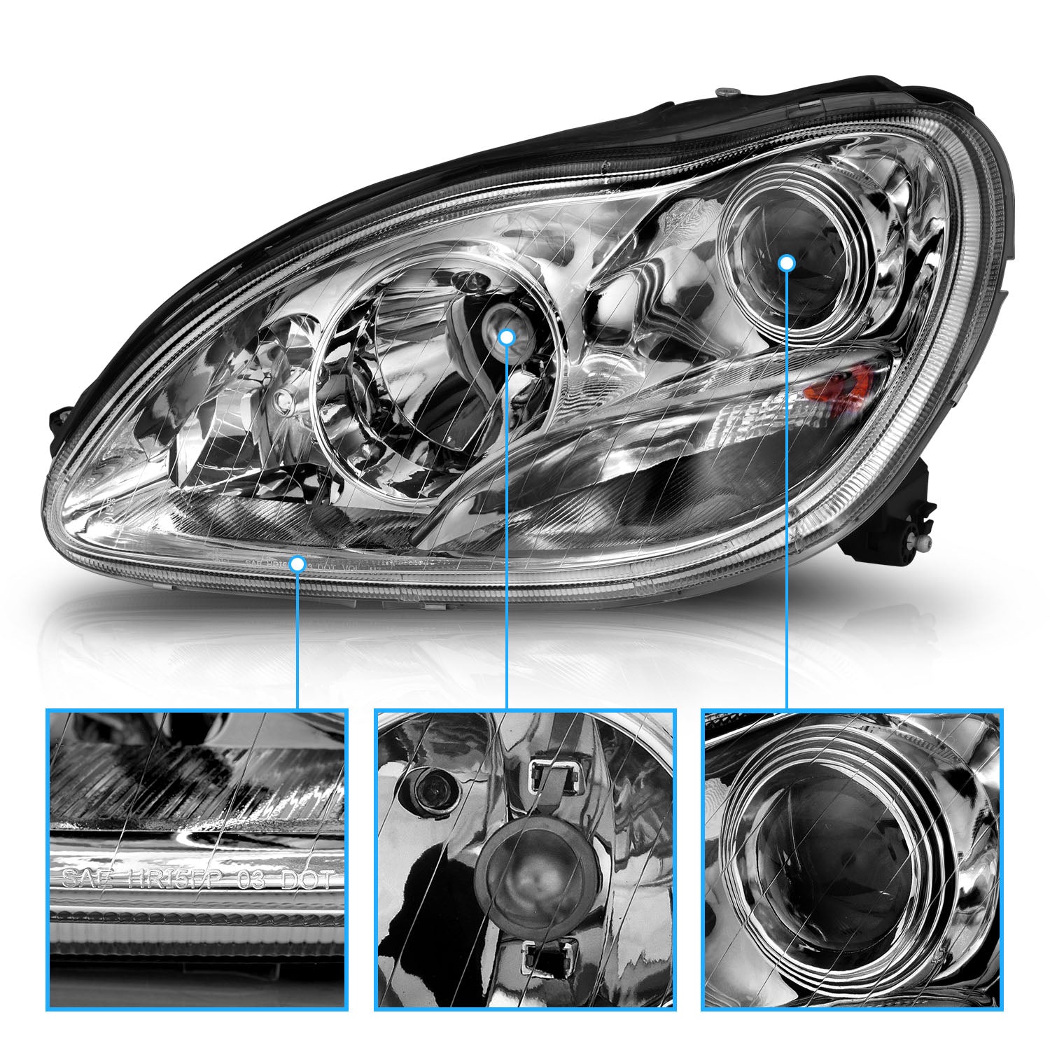 MBZ S CLASS W220 00-05 PROJECTOR HEADLIGHTS CHROME CLEAR