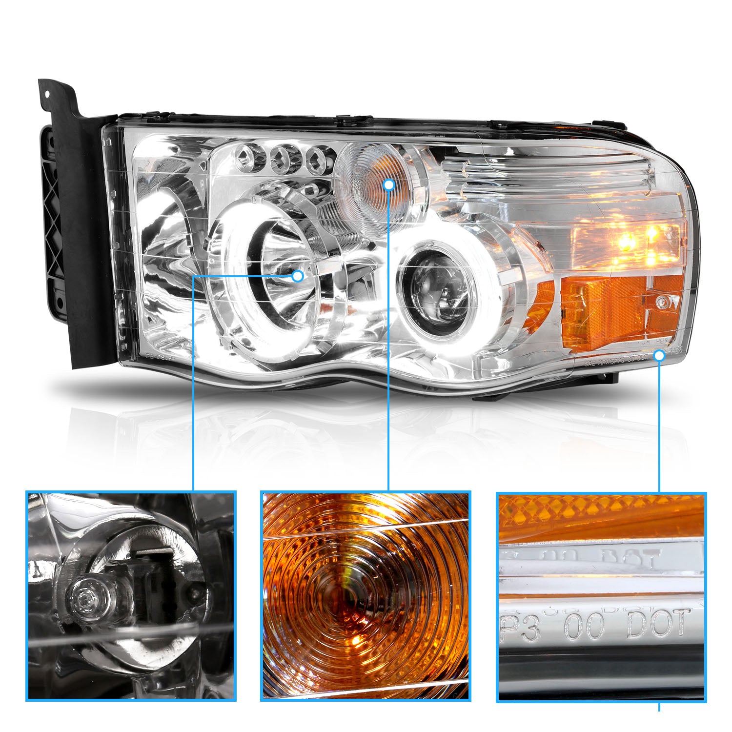 DODGE RAM 1500 02-05 - 2500/3500 03-05 PROJECTOR H.L HALO CHROME CLEAR AMBER