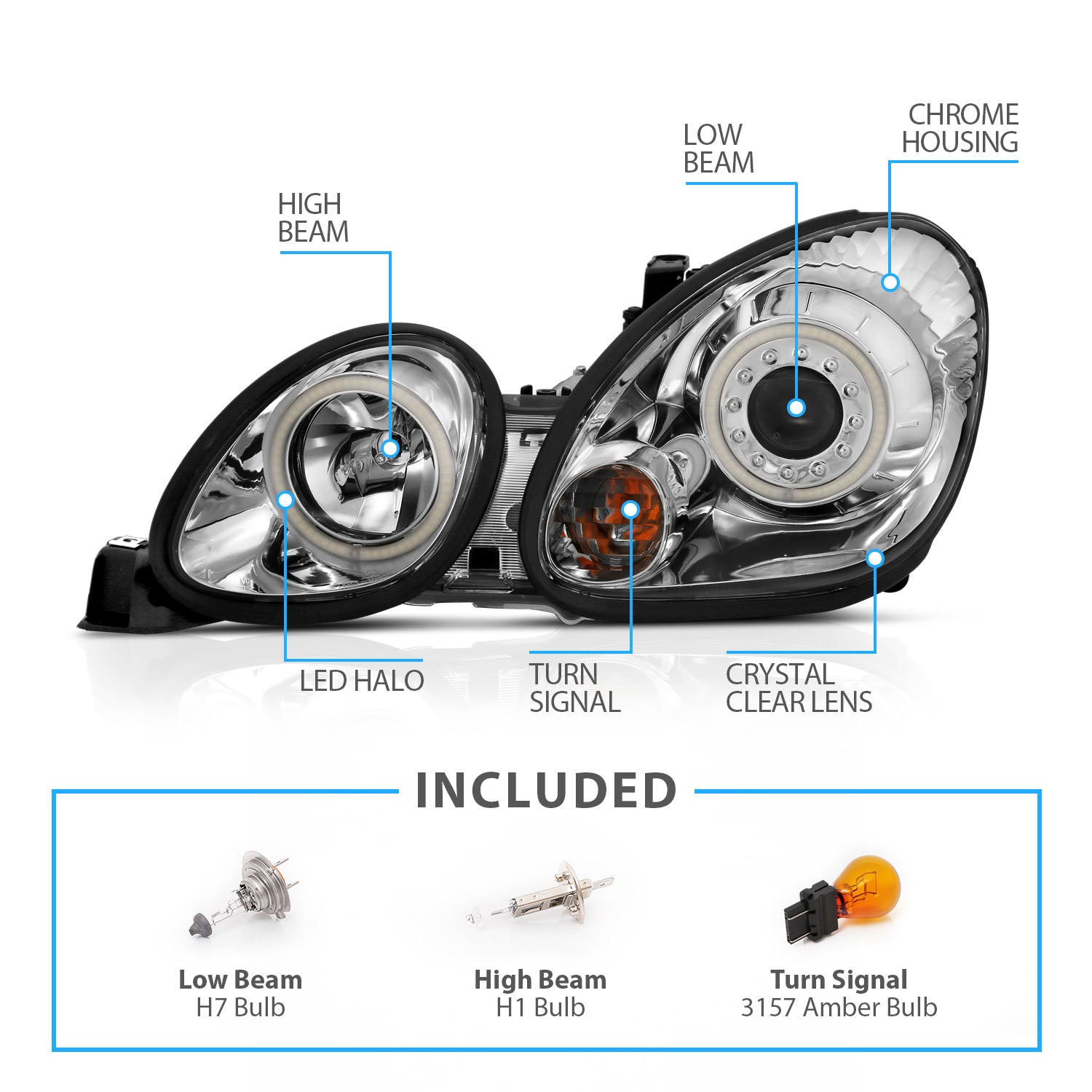 LEXUS GS 300/400 98-05 PROJECTOR HEADLIGHTS HALO CHROME CLEAR (RX HALO)