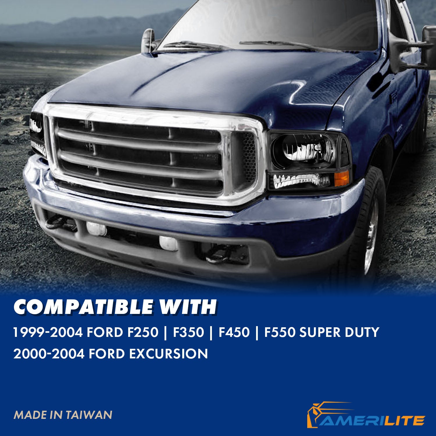 FORD EXCURSION 00-04/SUPER DUTY 99-04 HEADLIGHTS W/ CORNER LIGHTS BLACK AMBER (W/O BULB)