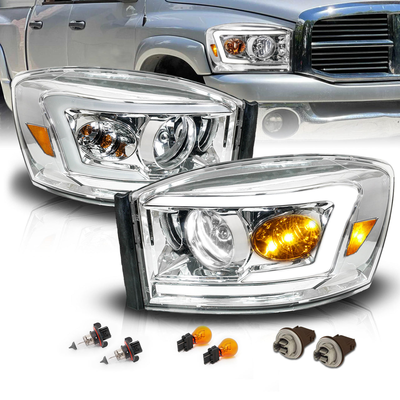 DODGE RAM 1500 06-08/ 2500/3500 06-09  CHROME HEADLIGHTS AMBER (W/ C LIGHT BAR)