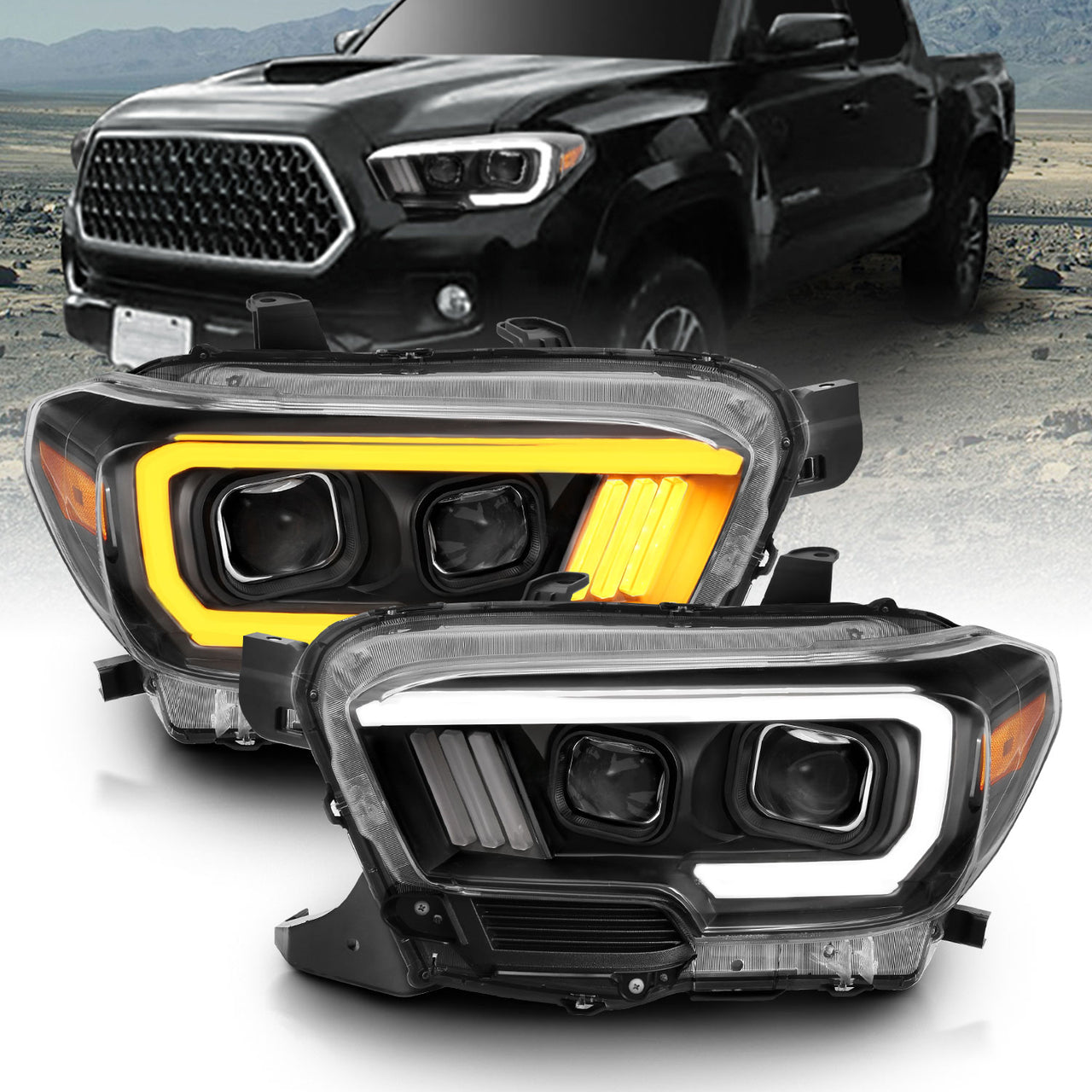TOYOTA TACOMA 16-23 PROJECTOR LIGHT BAR STYLE SWITCHBACK HEADLIGHTS BLACK AMBER (W/ DRL) (HIGH MODEL)