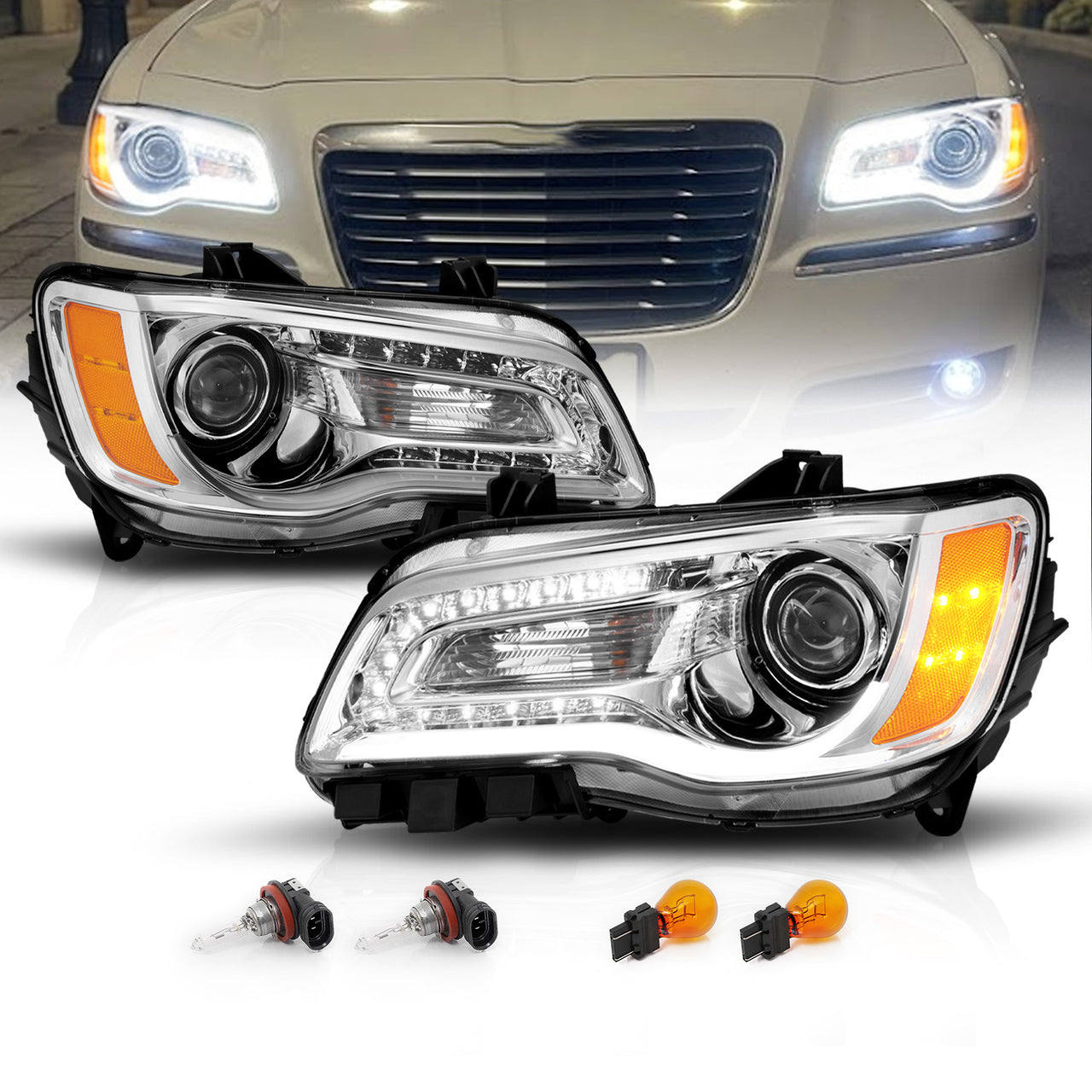CHRYSLER 300 11-UP PROJECTOR LIGHT BAR STYLE HEADLIGHTS CHROME CLEAR AMBER