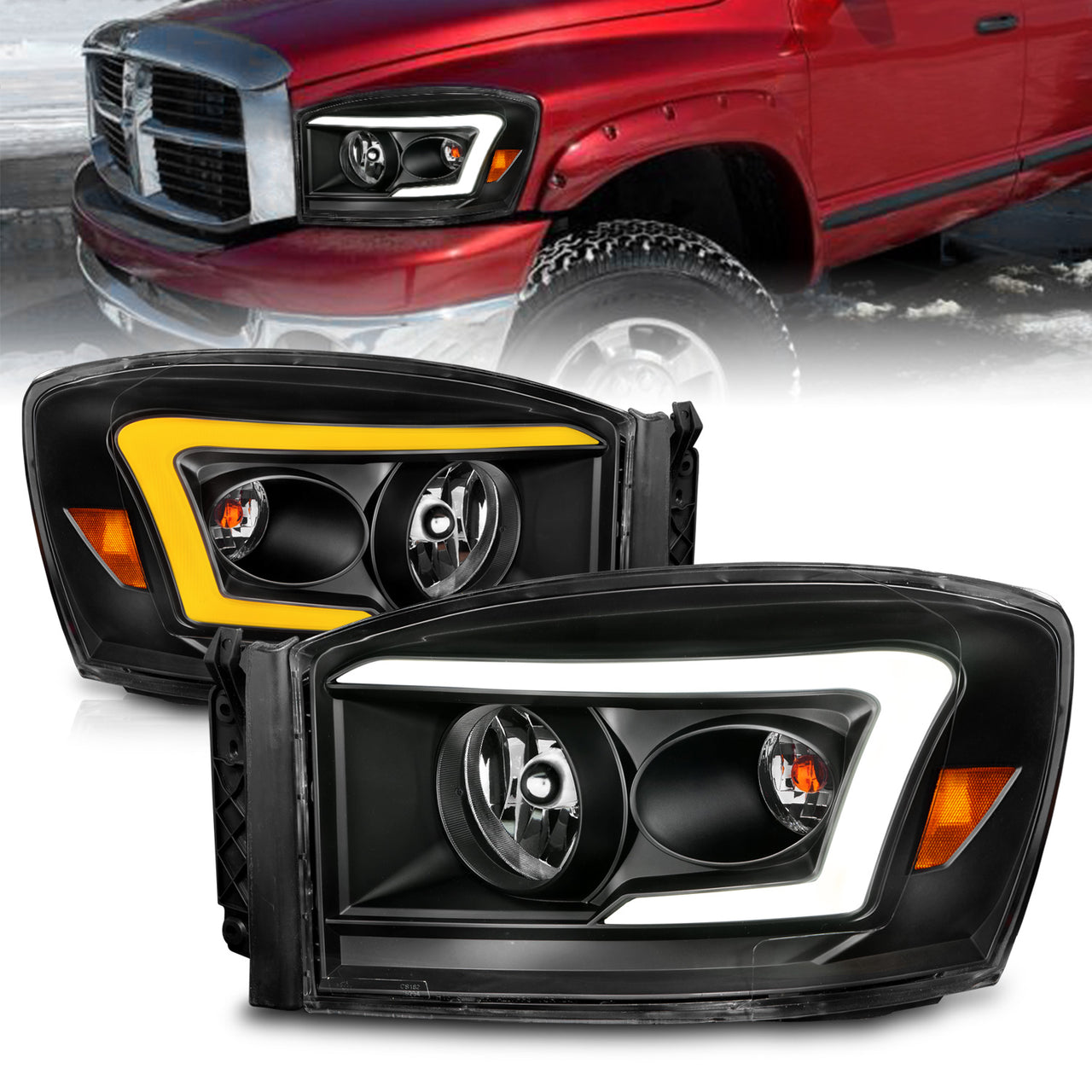 DODGE RAM 1500 06-08/ 2500/3500 06-09   SWITCHBACK HEADLIGHTS BLACK AMBER (W/ C LIGHT BAR)