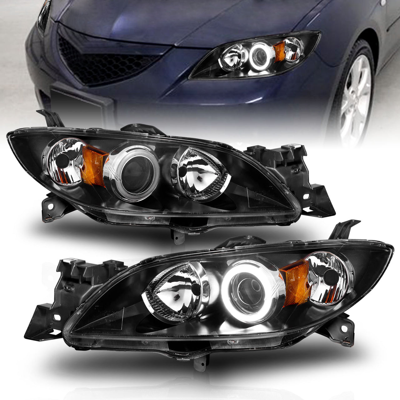 MAZDA 3 04-07 4DR PROJECTOR HEADLIGHTS HALO BLACK CLEAR AMBER (SUPER WHITE)