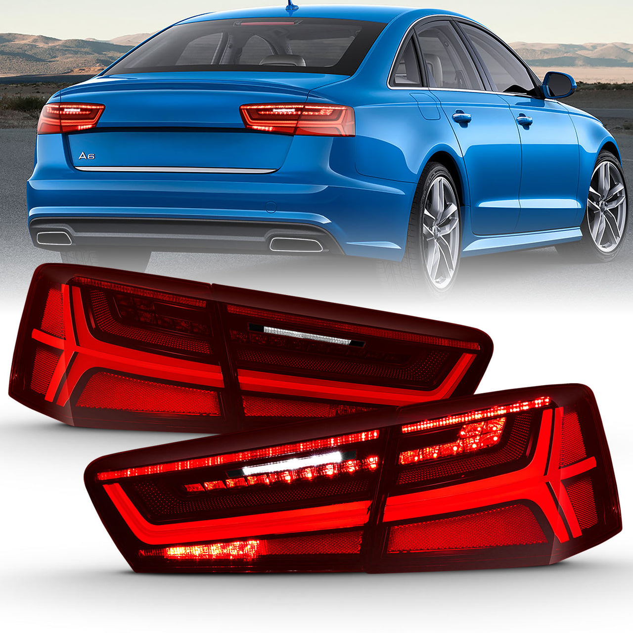 AUDI A6/S6 12-15  LED TAIL LIGHTS BLACK HOUSING RED/CLEAR LENS 4 PCS (SEQUENTIAL SIGNAL)