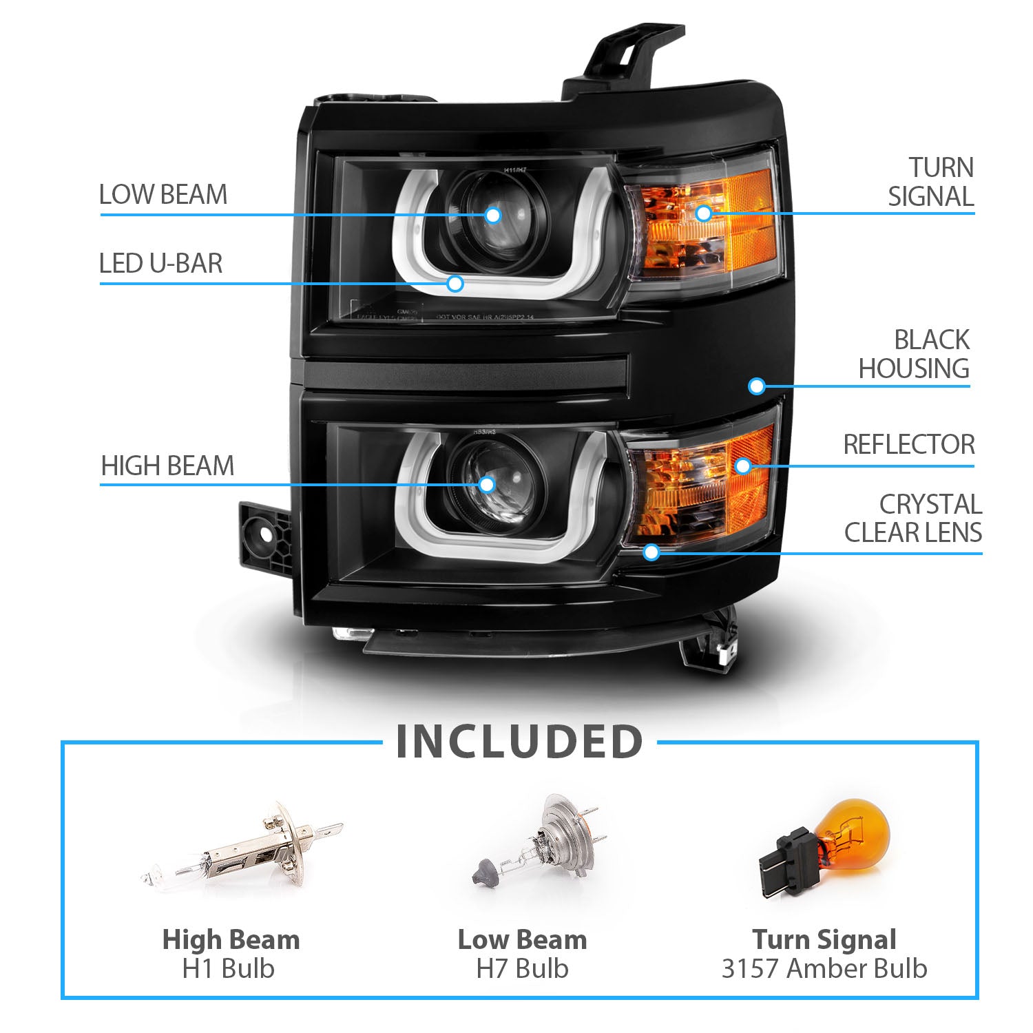 CHEVY SILVERADO 14 PROJECTOR DOUBLE COLOR U BAR STYLE H.L BLACK  WITH BLACK TRIM AMBER