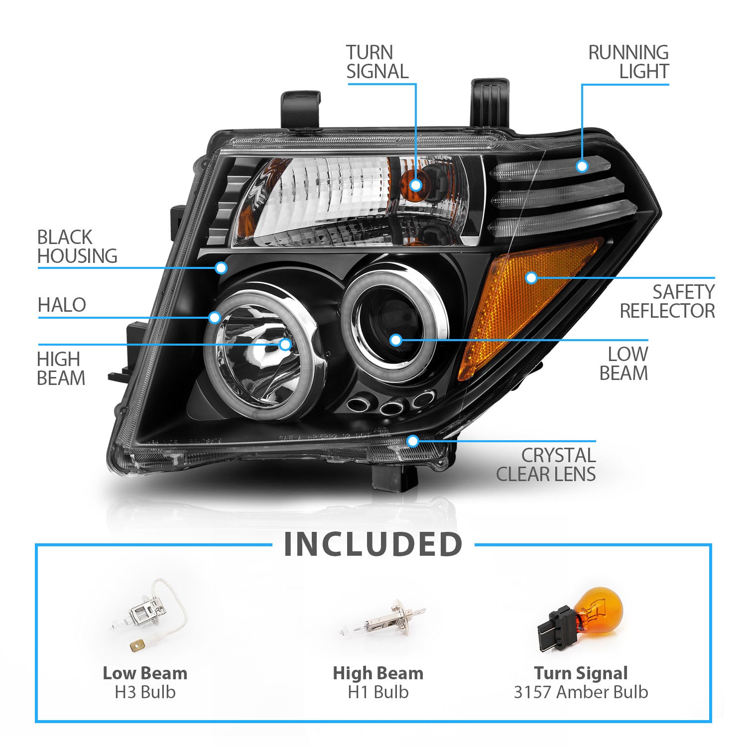 NISSAN FRONTIER 05-08 /PATHFINDER 05-07 PROJECTOR HEADLIGHTS BLACK CLEAR AMBER (Not fit V8) (RX HALO)